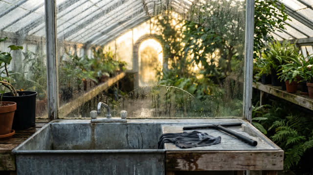A greenhouse service sink after rain, empty of people, with no mystical portal, fantasy props, readable labels, bus shel
