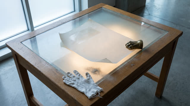A municipal records-room light table after a careful archive check, empty of people, with no readable text, map labels,