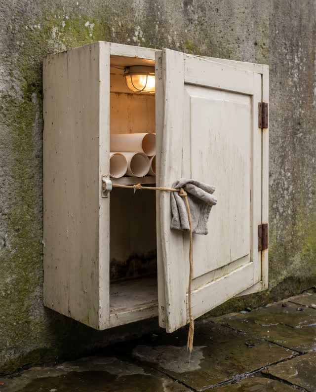 A small weather-observatory cleaning cabinet near an exterior wall after rain, empty of people, with no readable chart d