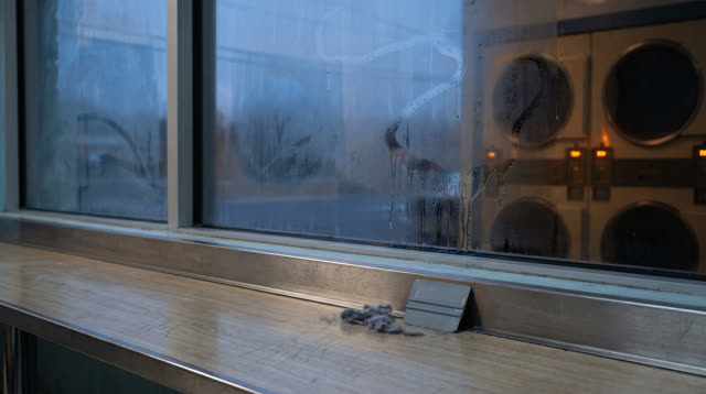 A public laundry folding counter after the dryers have stopped, empty of people, with no readable instructions, brand na