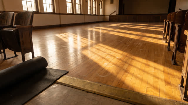 A school auditorium aisle after chairs have been cleared for floor cleaning, empty of people, with no readable signs, st