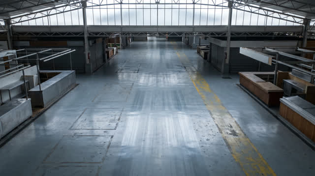 A covered public market cleaning aisle after early setup, empty of people, with no readable stall signs, produce clutter