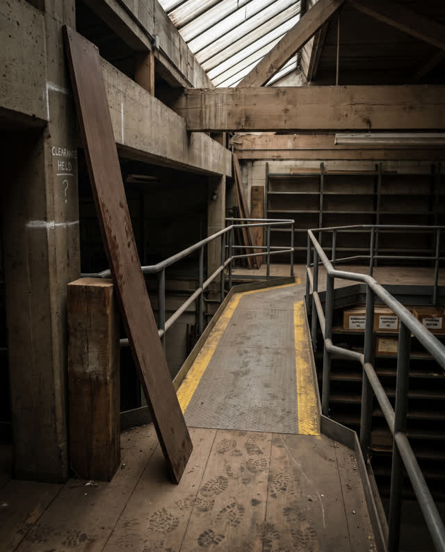 A municipal workshop mezzanine with a narrow public-service walkway, empty of people, with no storage carton straps, col