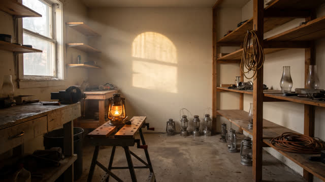 A small public lantern testing room with blank utility shelves and a work floor, empty of people, with no readable signs