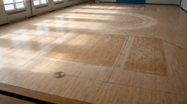 A public school gym floor after protective mats have been removed, empty of people, with no readable school signage, spo