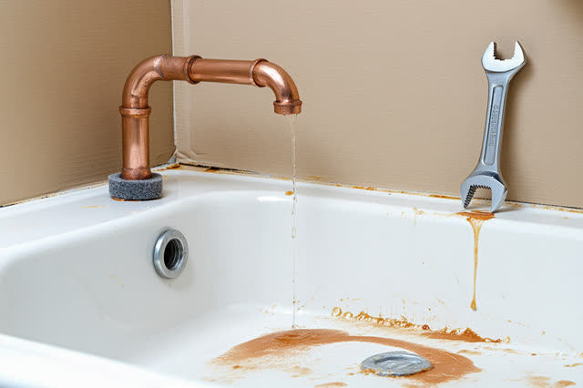 A theater paint-sink corner after set-building cleanup, empty of people, with no readable posters, labels, chaotic clutt