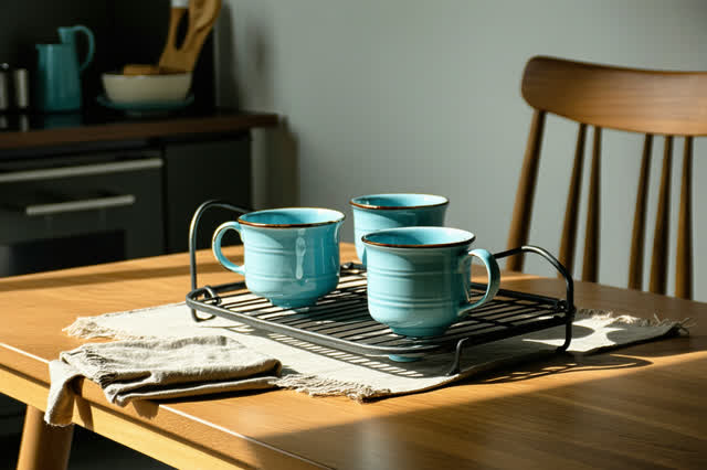 A small shared community kitchen after cleanup, empty of people, with no readable notices, kitchen clutter, generic towe