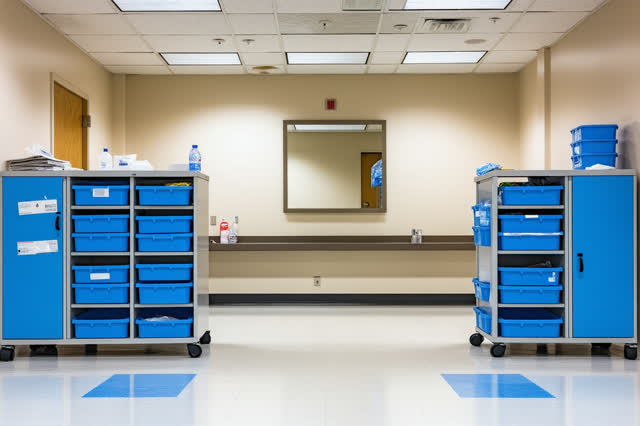 A public clinic supply room during a quiet preventive repair, empty of people, with no readable labels, medical gore, pa