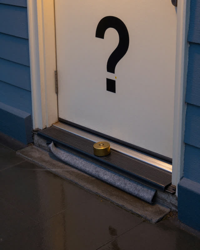 An exterior community-center porch threshold after rain, empty of people, with no readable signs, injury, catastrophe, a
