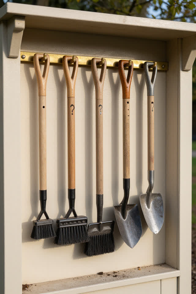 A public garden-tool checkout hatch after morning returns, empty of people, with no readable labels, chaotic shed clutte
