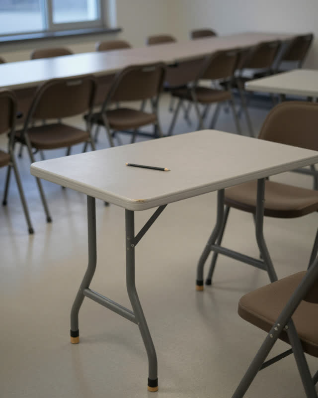 A community meeting-room setup area before chairs are arranged, empty of people, with no readable papers, labels, catast