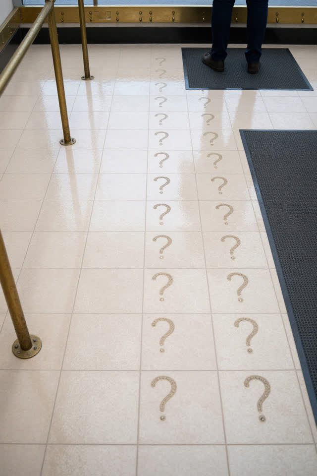 A municipal coat-check floor grid after a rainy event, empty of people and coats, with no readable hook numbers, labels,