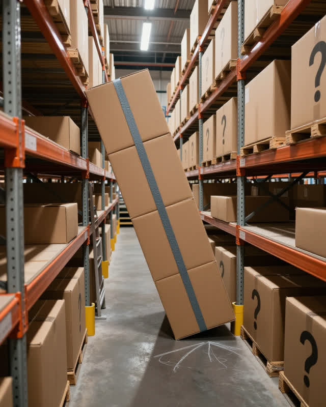 A municipal storage mezzanine with stacked blank supply cartons, empty of people, with no readable labels, warehouse clu