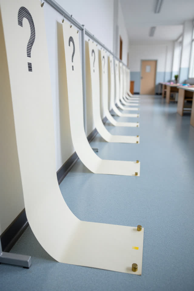 A school art drying corridor without visible racks, empty of people, with no readable student art, names, classroom clut