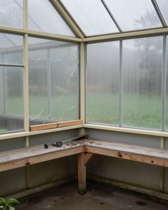 A greenhouse service alcove with tools put away and no sink focus, empty of people, with no readable labels, seed bench,