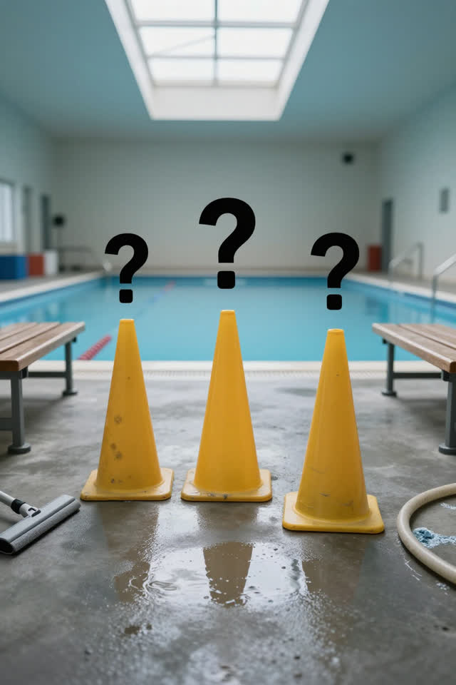 A community pool equipment room without bench focus or swimmers, empty of people, with no readable warning text, bench c