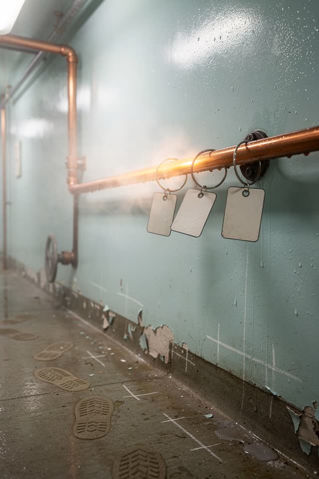 A public bath mechanical hallway without pool blur, benches, sinks, or bathers, empty of people, with no pool equipment