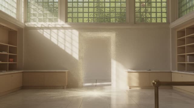 A small public records atrium with upper glass blocks and a polished stone floor, empty of people, with no readable reco