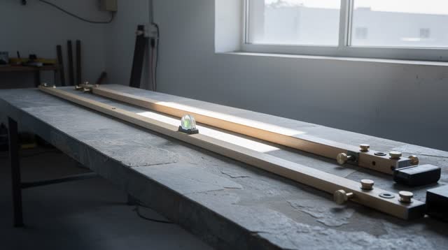 A public works calibration room for checking small survey levels and measuring rods, empty of people, with no readable n