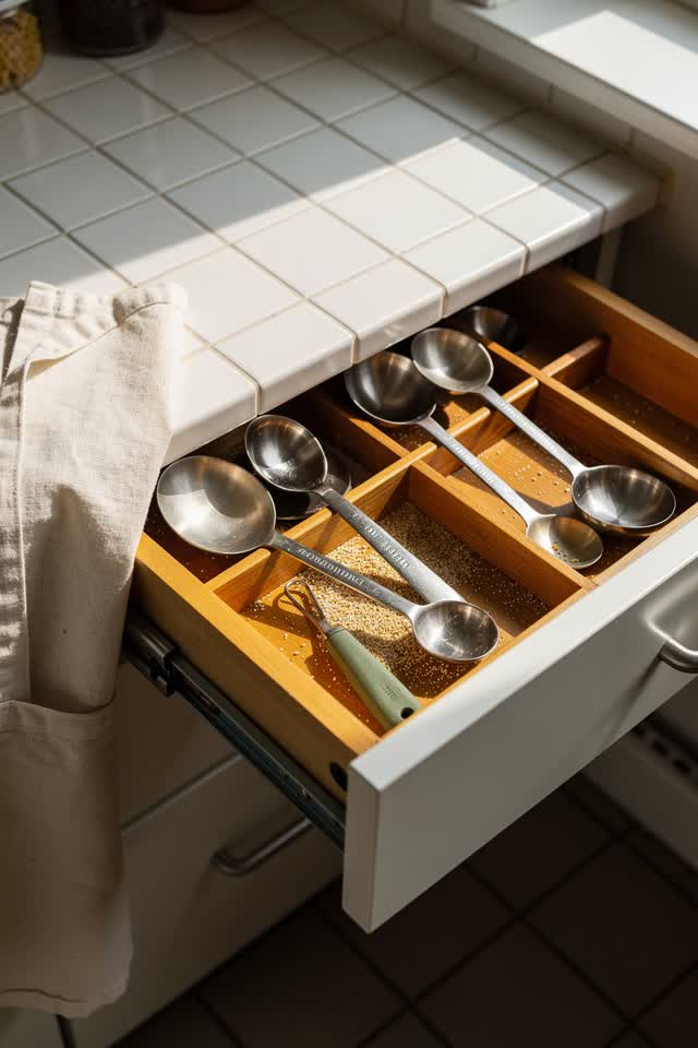A public kitchen teaching pantry with a shallow utensil drawer pulled open, empty of people, with no readable labels, ov