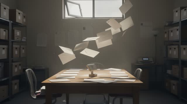 A small municipal mailroom with blank envelopes drying near a high open window, empty of people, with no readable addres