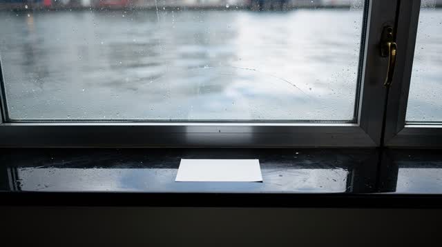 A small ferry terminal tide-view alcove with a low interior ledge and rain-specked glass, empty of people, with no reada