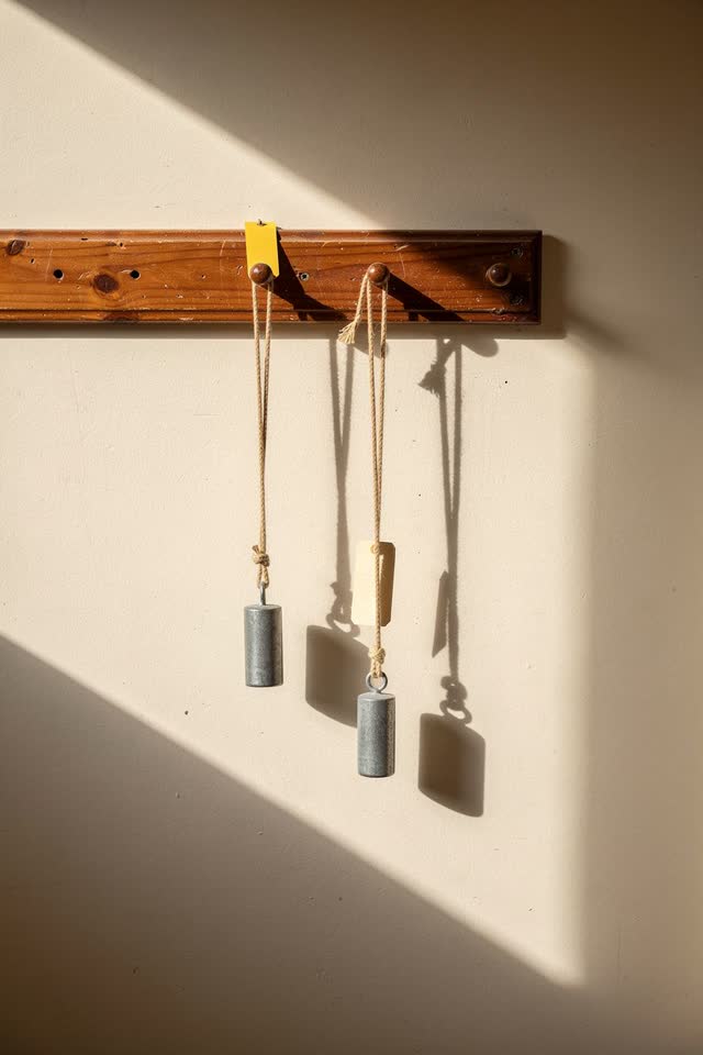 A civic flag-repair closet with blank cord tags and small counterweights, empty of people, with no readable labels, magn