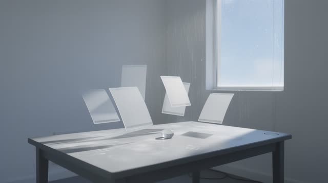 A small civic microfiche viewing room with blank translucent sheets and a high blue window, empty of people, with no rea