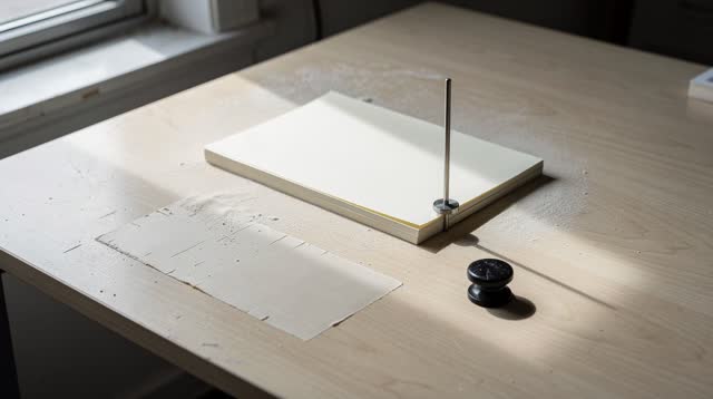 A small public print-room registration table after morning handouts were made, empty of people, with no readable text, o
