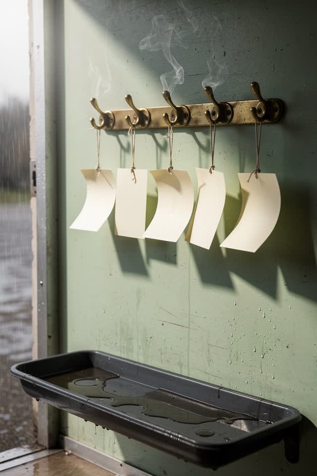A public coat-drying closet beside a rainy entry, empty of people, with no readable labels, large question marks, clipbo