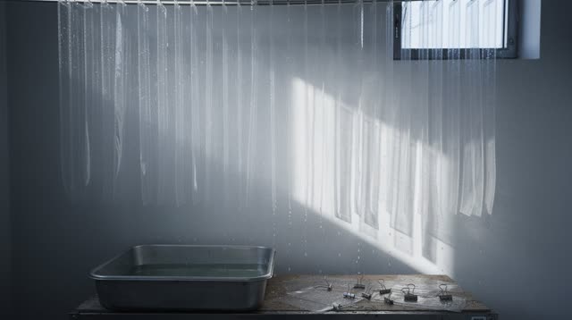 A small public photo-film drying room with blank translucent strips hanging from a ceiling line, empty of people, with n
