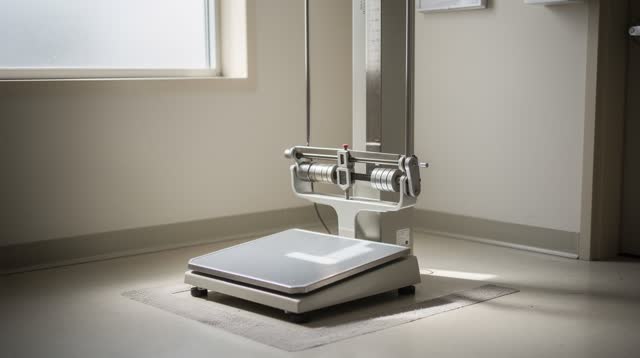 A community clinic scale nook after morning check-in, empty of people, with no readable charts, medical drama, corridor