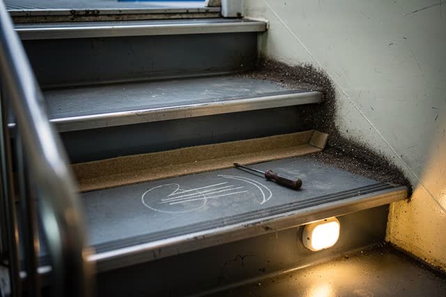 A public ferry service stairwell without route signage or exterior water view, empty of people, with no readable signs,