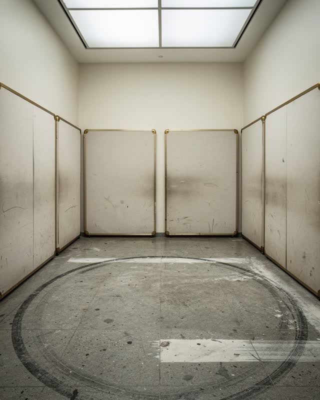 A museum freight elevator lobby without visible buttons, readable labels, public gallery signage, or dramatic art crates