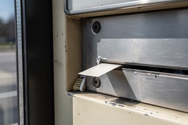 A municipal transit kiosk maintenance nook with an old blank ticket validator faceplate, empty of people, with no readab