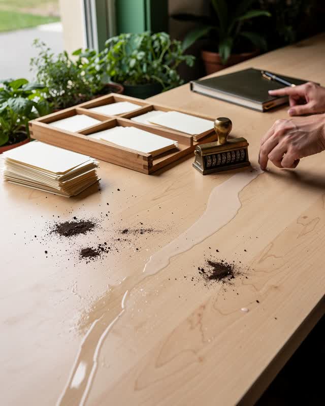 A neighborhood seed-exchange counter where gardening, recordkeeping, and public lending share one surface, empty of peop