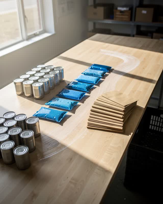 A community meal-relief sorting room after packing has finished, empty of people, with no readable labels, seed-exchange