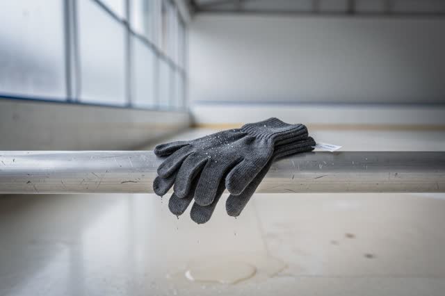 A community rink side drying rail after public skate hours, without ice action or sport drama, empty of people, with no