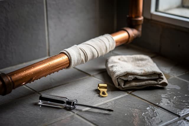 A community bathhouse service alcove with exposed plumbing, empty of people, with no readable labels, perfect screwdrive