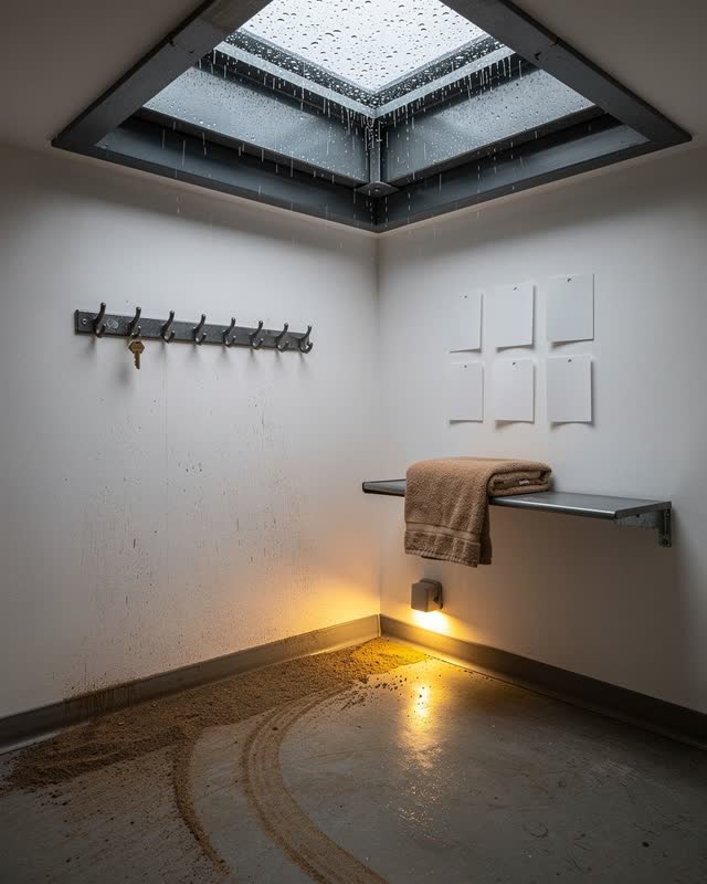 A civic roof-hatch vestibule after a rain check, empty of people, with no readable cards, lantern-room repetition, meal-