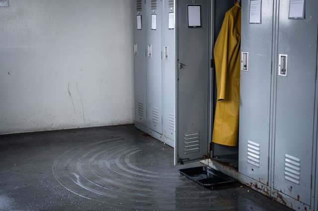 A small ferry terminal crew locker nook after a rain shift, empty of people, with no readable labels, cloakroom repetiti