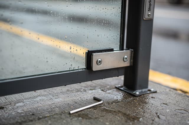 A small public bus shelter side panel after rain, empty of people, with no readable ads, window-seal repetition, door-cl