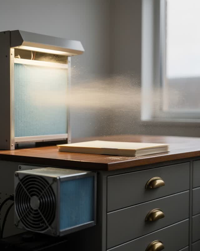 A small municipal archive ventilation cabinet beside a sorting table, empty of people, with no readable folder labels, m