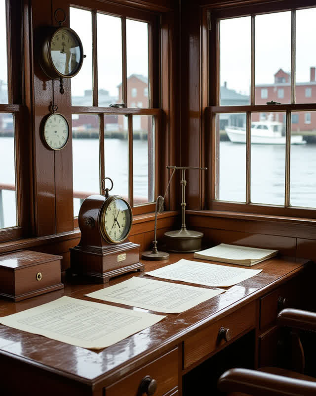 A harbor weather-desk room where public tide records, rain gear, and instrument care share one practical workspace, empt