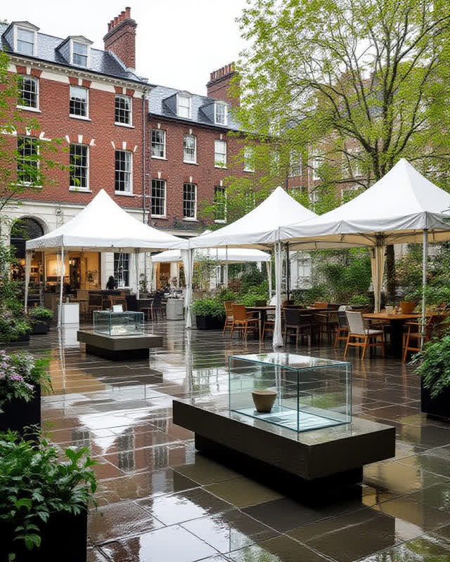 A public courtyard wash station shared by event tents, garden trays, and notice-case glass, empty of people, with no rea