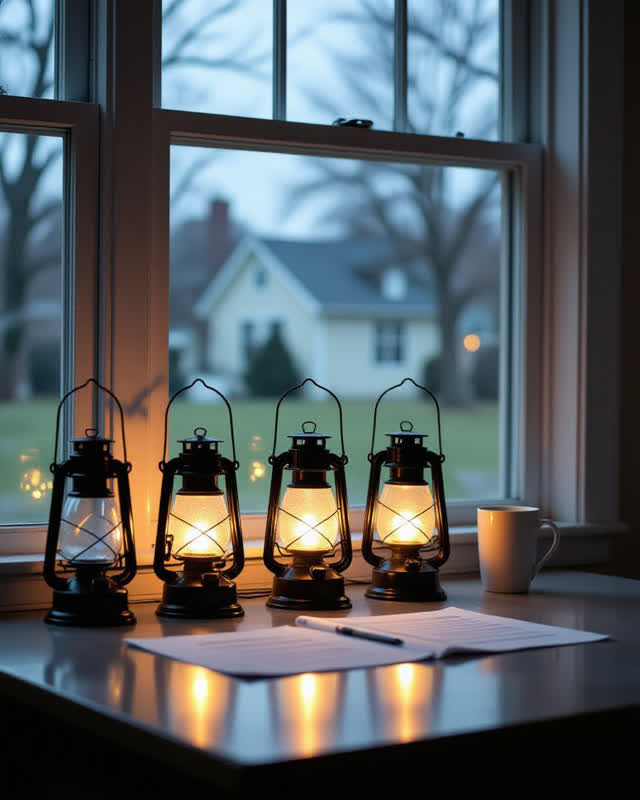A neighborhood emergency-lantern charging room after a storm drill, empty of people, with no readable labels, meal-relie