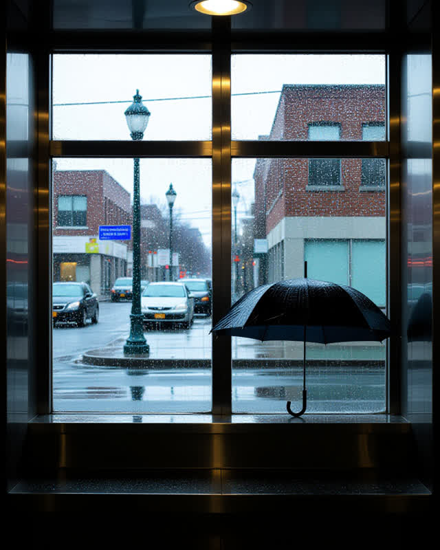 A transit-station lost-umbrella rinse sill beside a frosted window, empty of people, with no readable labels, mailroom r