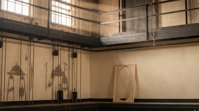 A community theater fly-gallery corner without stage focus, audience seats, visible labels, or readable signs, empty of