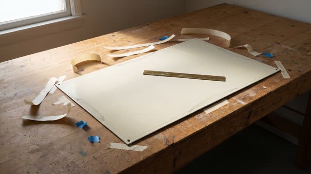 A municipal sign-painting workbench after blank directional boards have been prepared, empty of people, with no readable