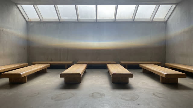 A small civic waiting pavilion with pale benches and high frosted skylights, empty of people, with no readable schedules